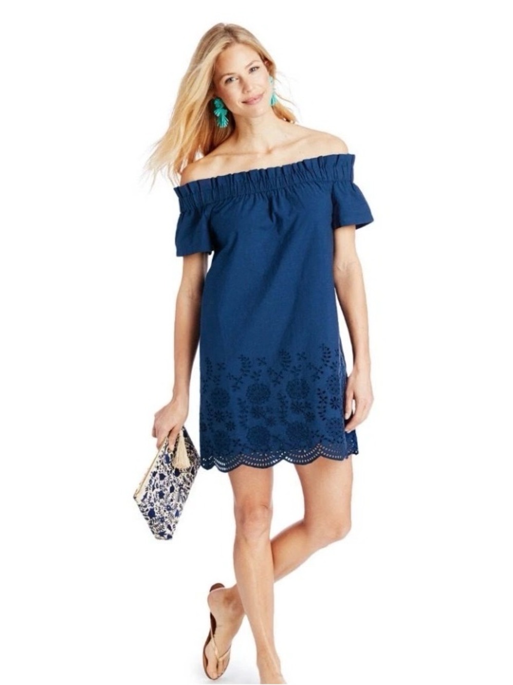 Vineyard Vines Navy Off-Shoulder Eyelet Hem Mini Coverup